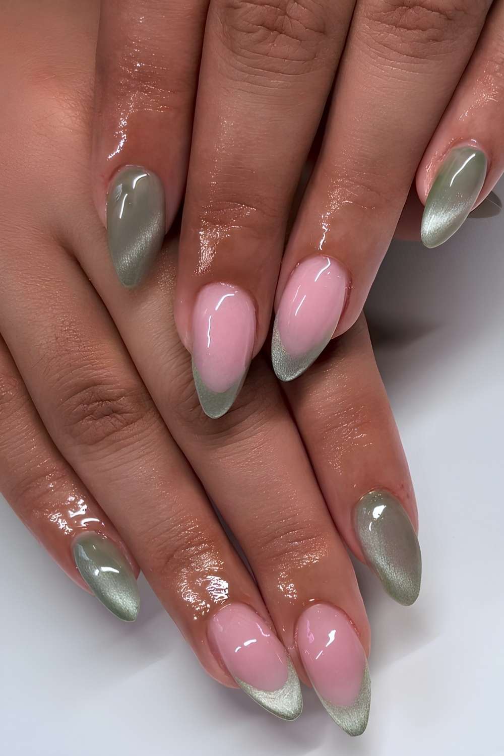 fall chrome nails, dark green chrome nails, navy blue nails, gold, pink french tip