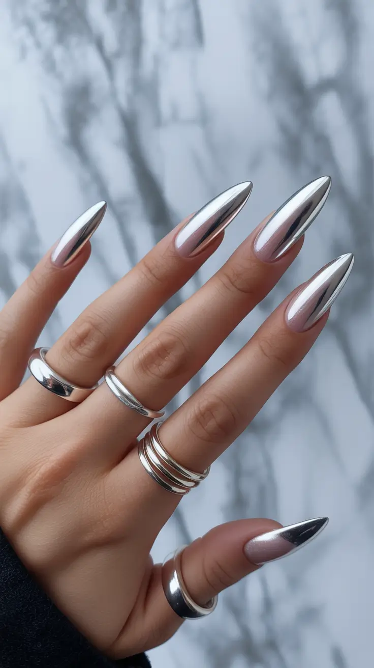 navy chrome nails, red nails with chrome, black almond nails, nude, square