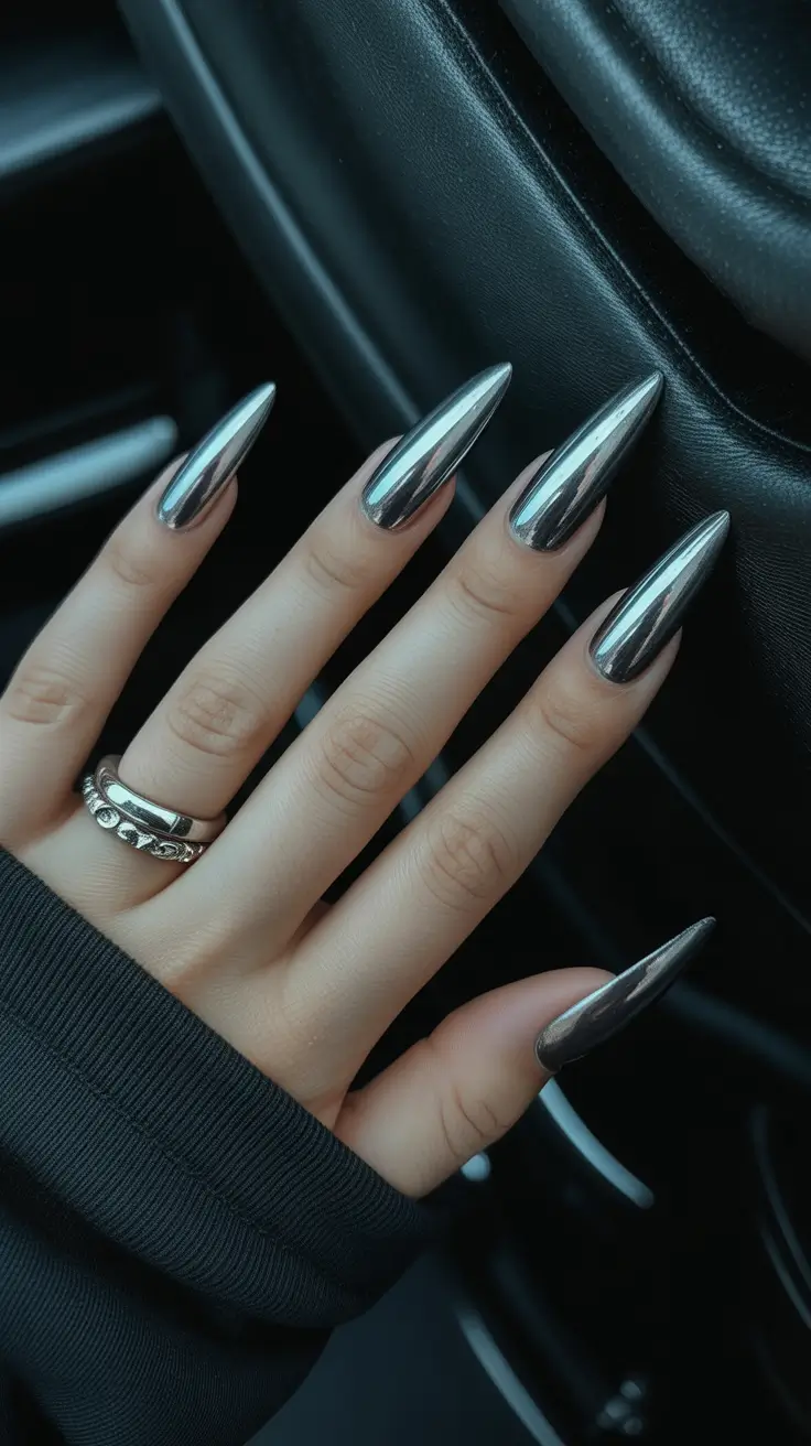 red chrome nails designs, grey chrome nails, black nails ideas, purple, champagne