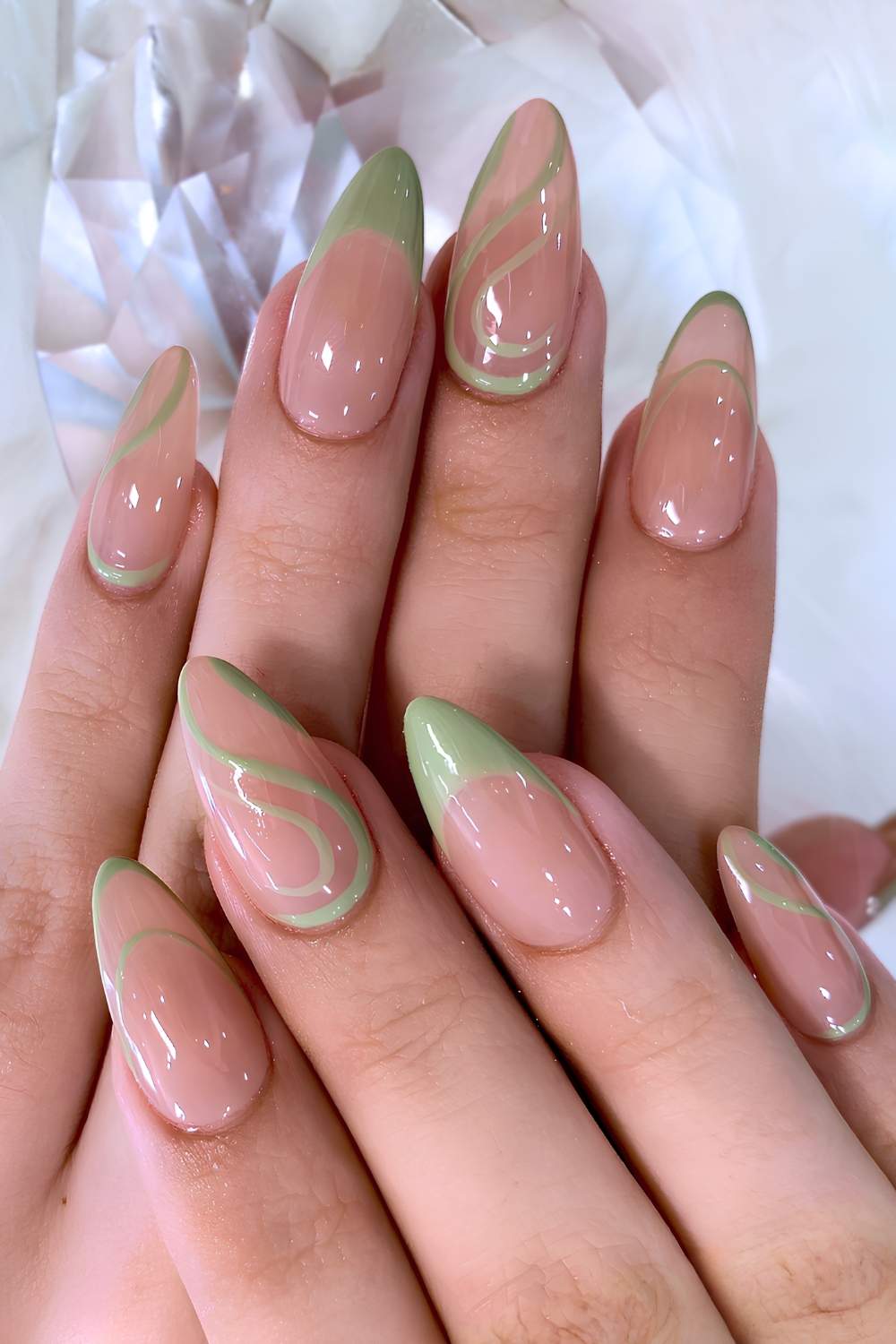 isolated chrome nails, natural chrome nails, silver nails ideas, light pink, nude almond