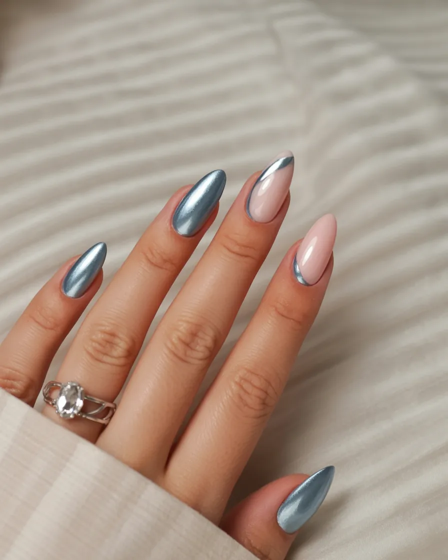 french tip chrome nails, nails 2026 trends, ombré french tip, short, wine