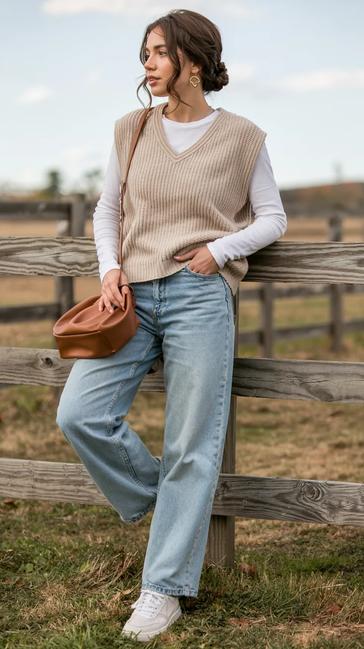 comfortable fall outfits, fleece vest outfit