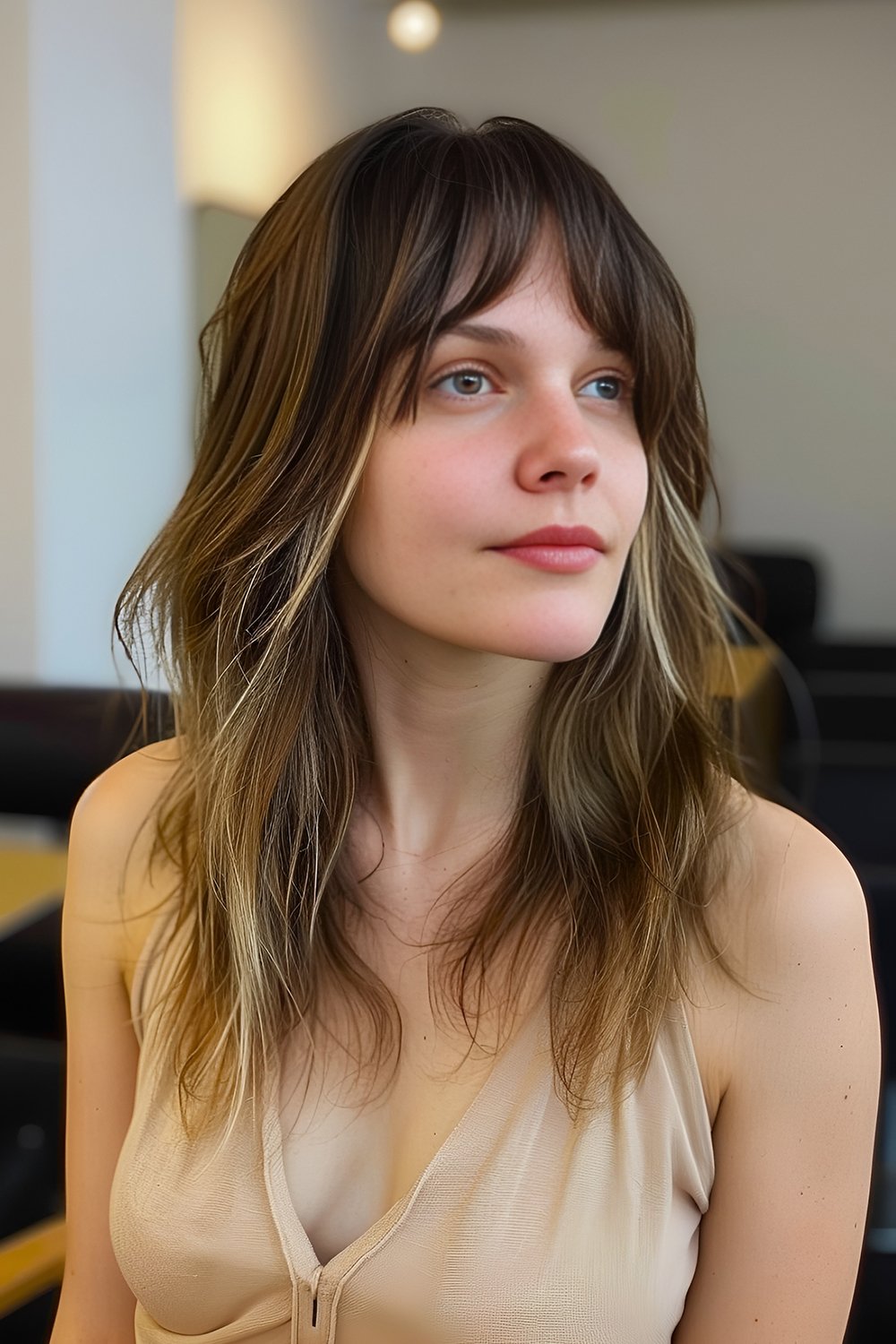 curtain bangs with layers, layered lob with curtain bangs, long layers with face framing pieces, shaggy curly hair, long hair with, wispy with bangs