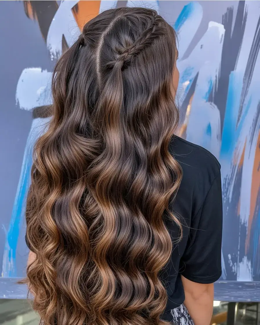 Cute open hair hairstyles with quick braided styles, curly hair inspo for prom