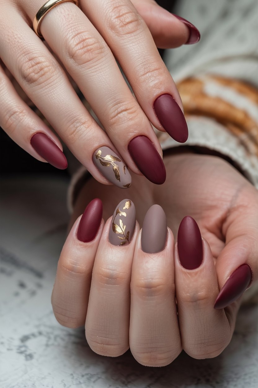 Pink nails with fall nails oval shape and burgundy.