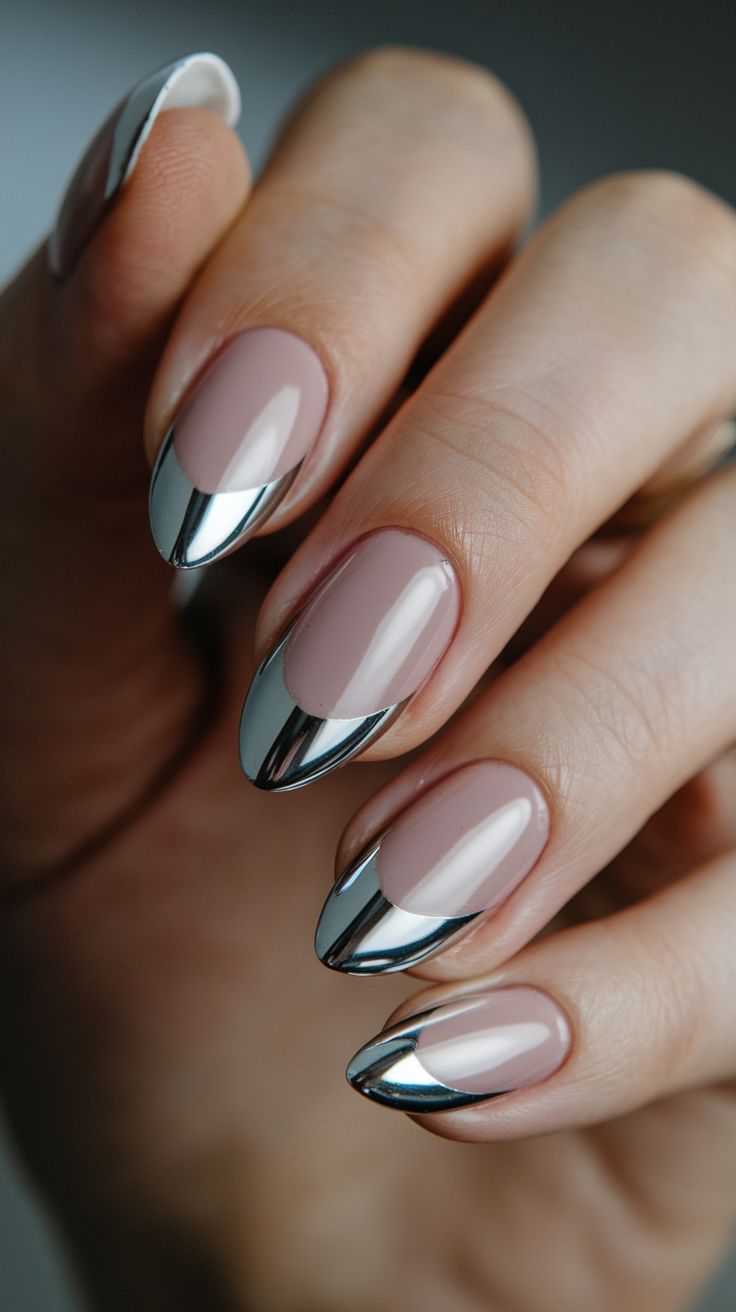 Modern metallic French manicure with silver tips