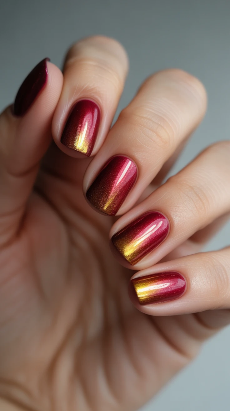 Red to gold ombre chrome nails