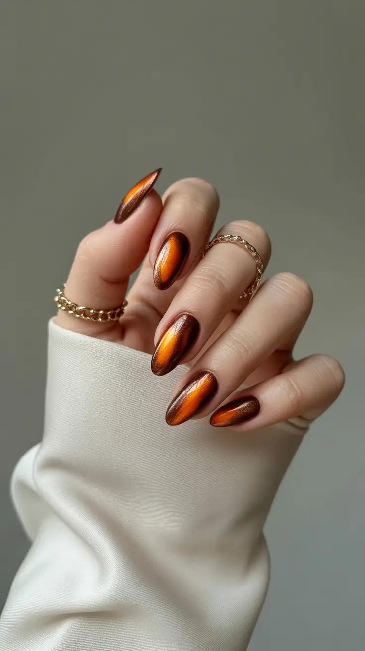Amber chrome nails with a dramatic finish