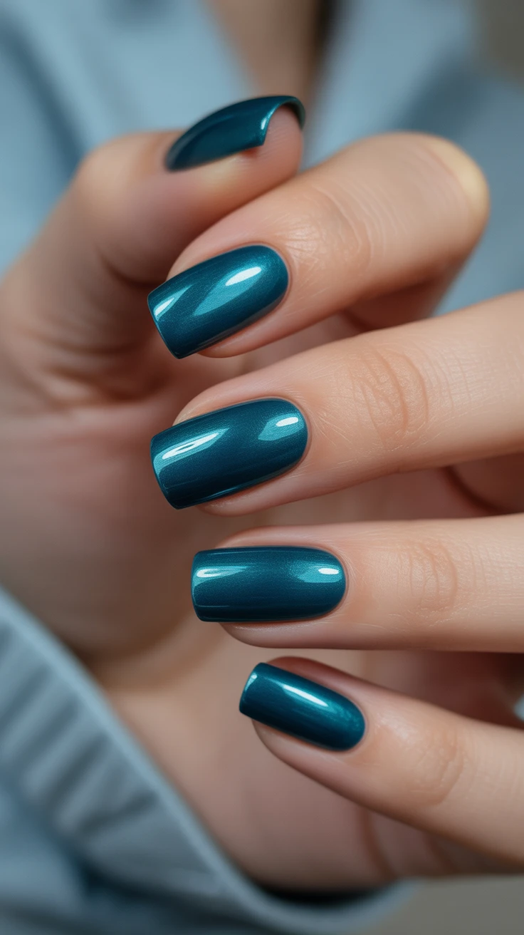 Teal chrome nails with a glossy finish