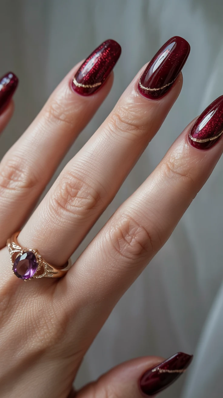 Deep burgundy chrome nails with gold accents
