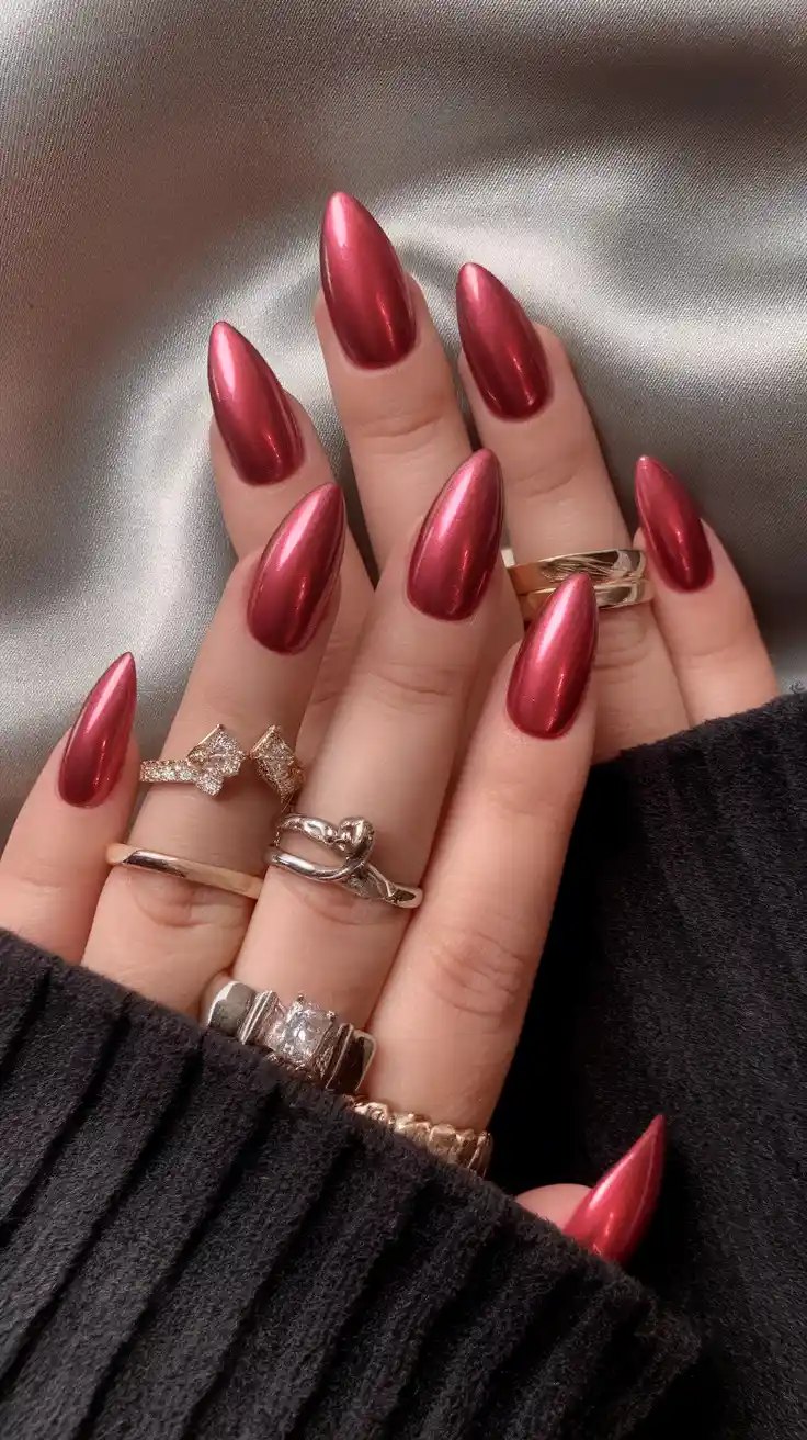 Rich red metallic chrome nails