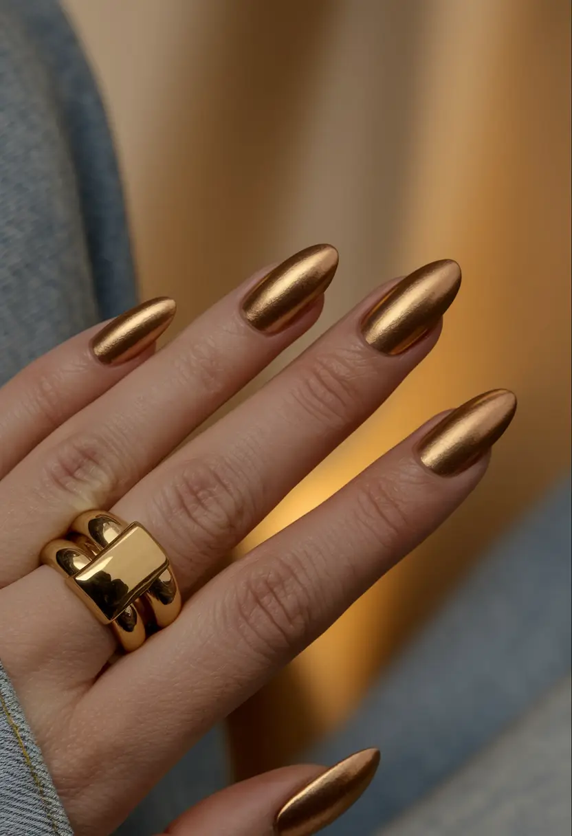 Elegant bronze chrome nails with a glossy finish