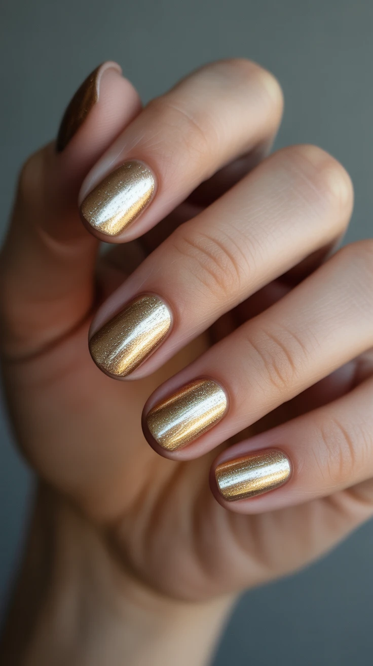 Short golden chrome nails with shimmer