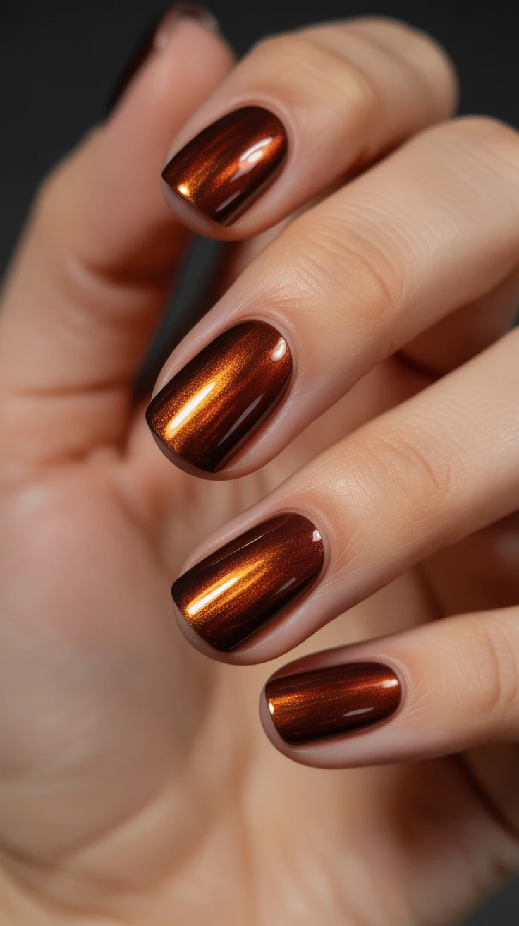Bronze chrome nails with a glossy finish