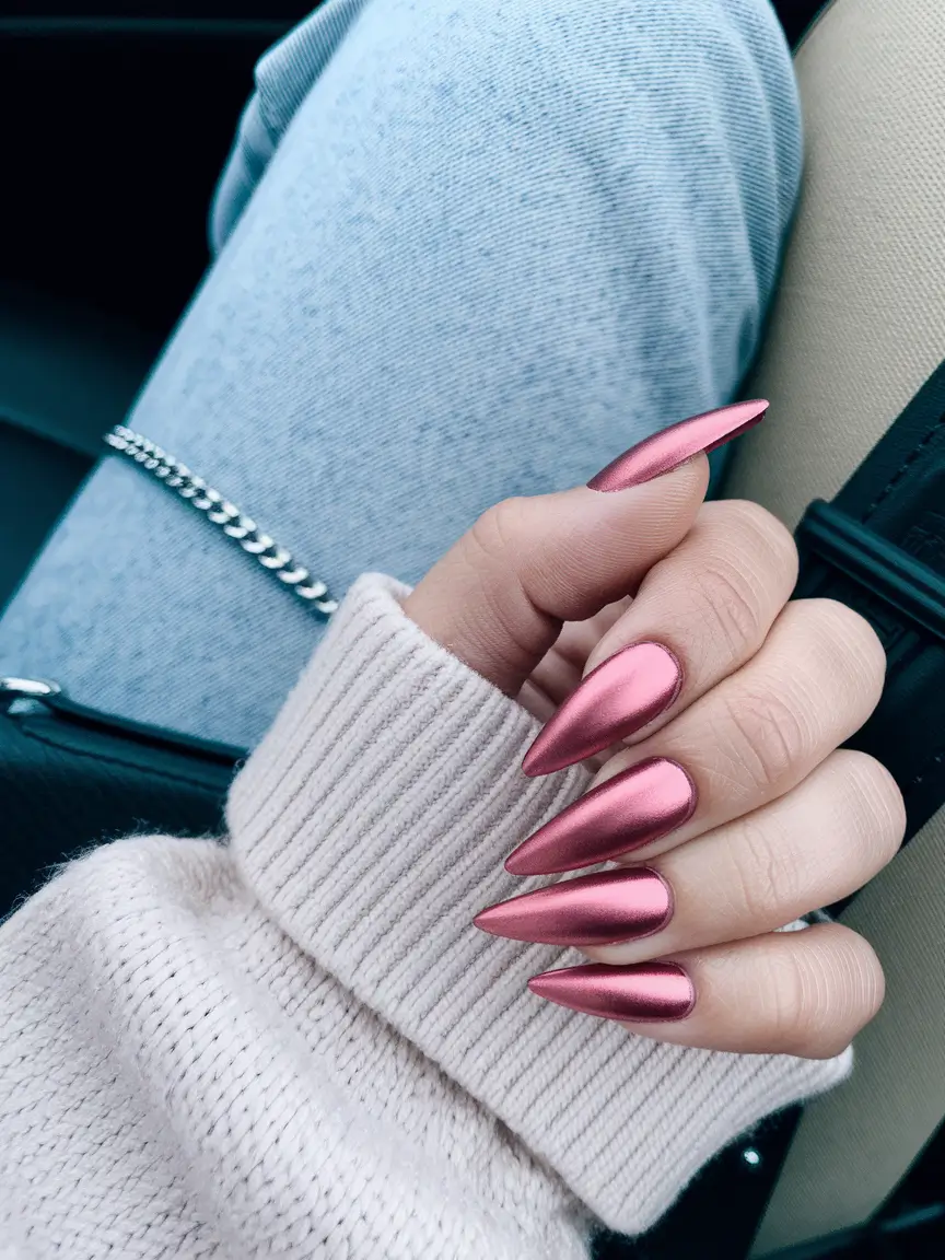 Rose chrome stiletto nails with glossy shine