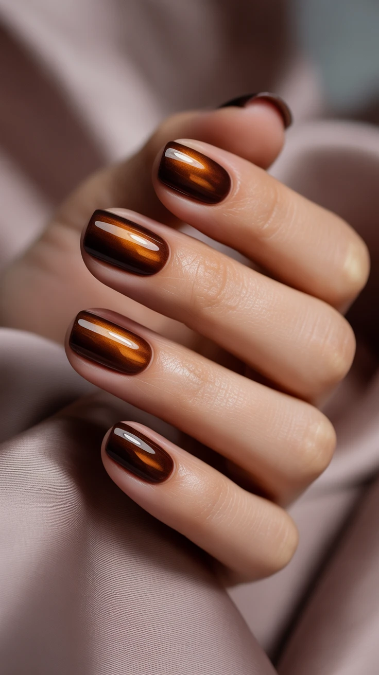 Rich chocolate chrome nails with a glossy finish