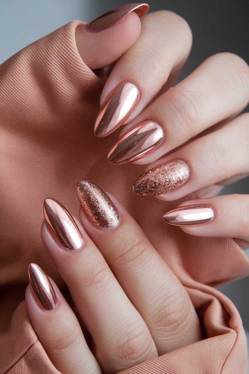 Rose gold chrome nails with glitter accent