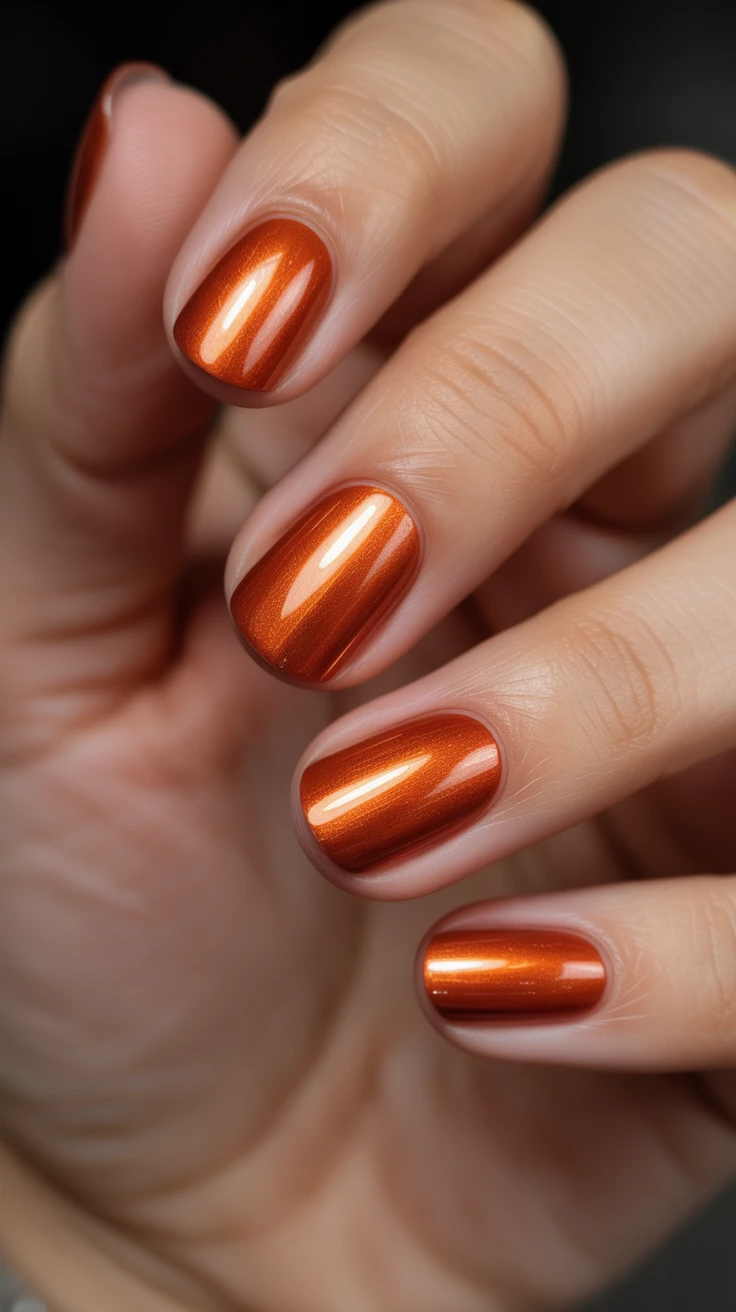 Rich copper chrome nails with a glossy finish