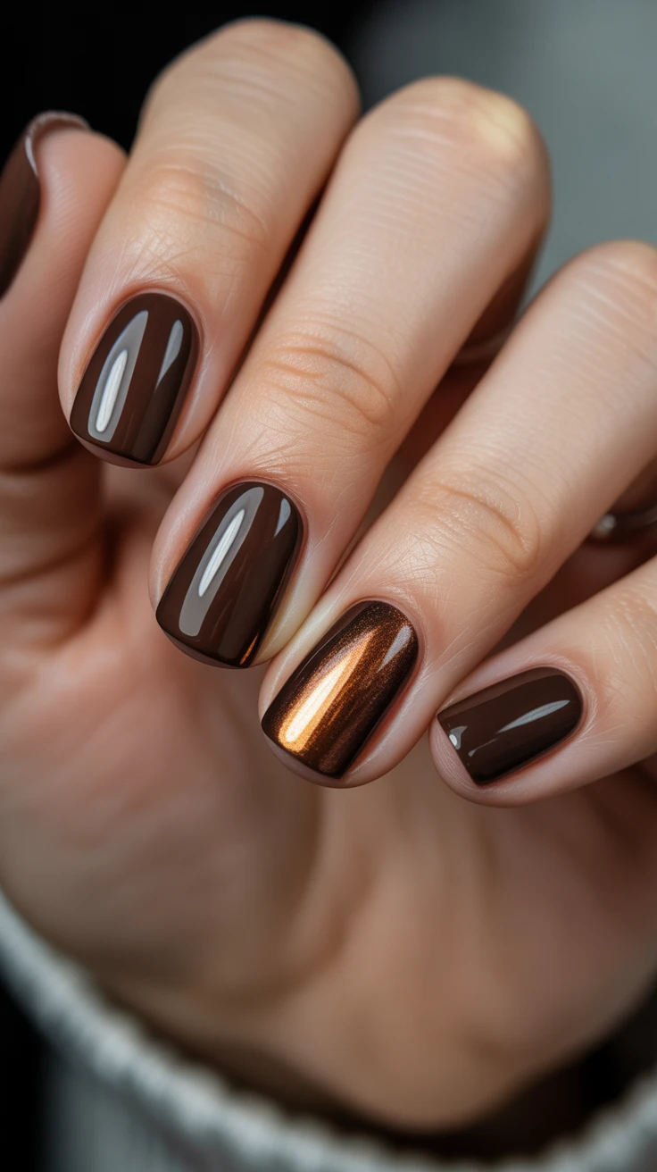 Espresso nails with copper accent