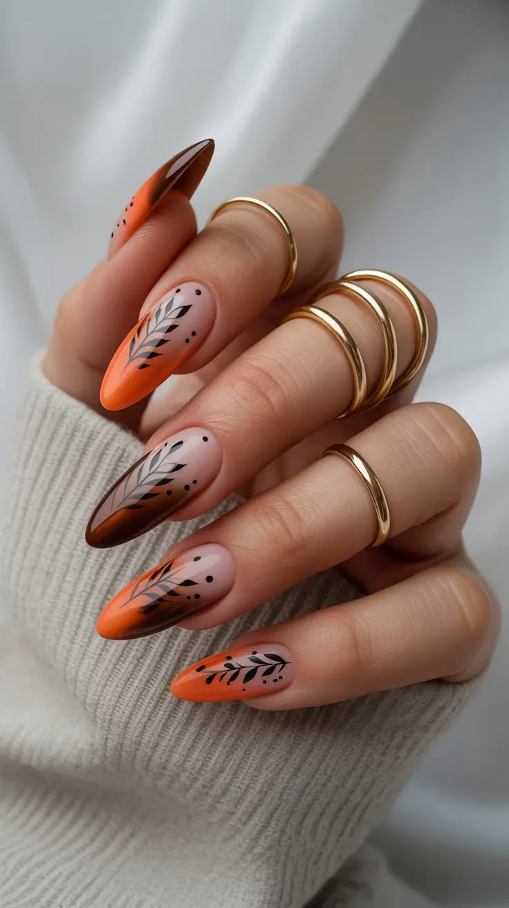 Stiletto nails with fall leaf art