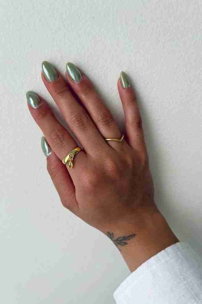 Sage chrome nails with a subtle finish