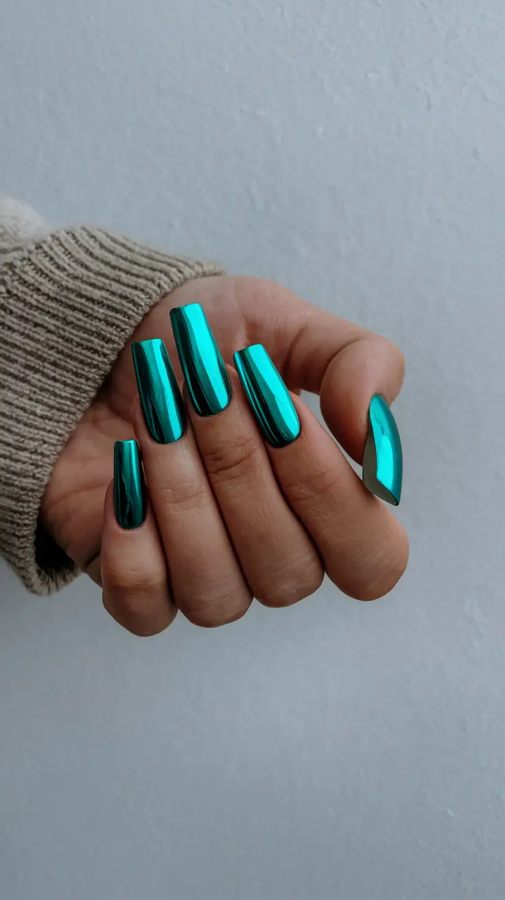Long teal chrome nails with high shine