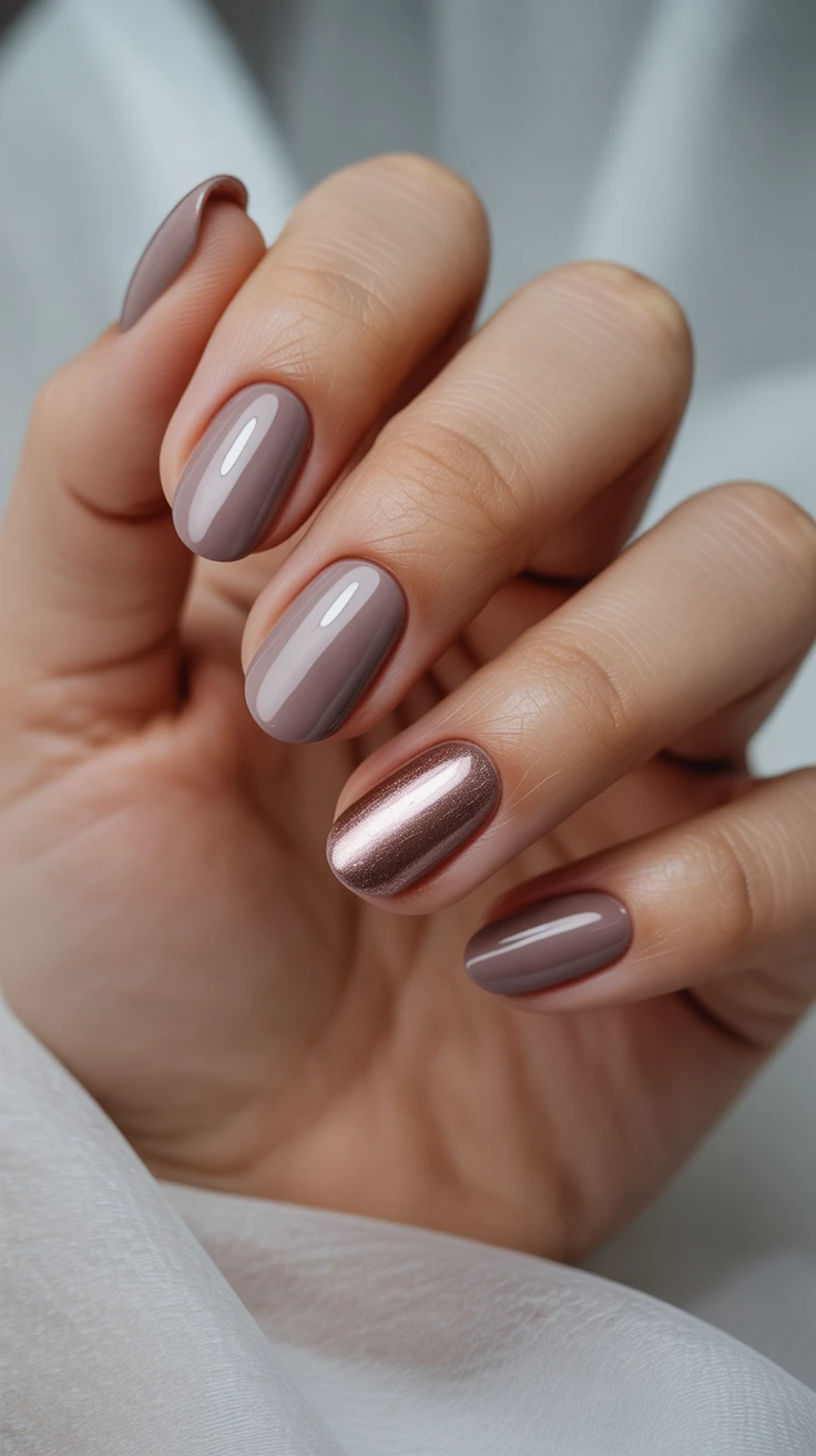Taupe nails with rose chrome accent