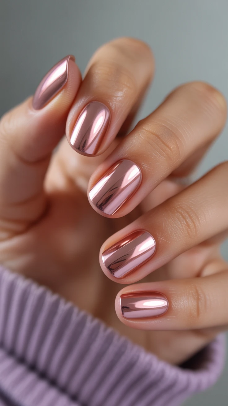 Rose gold chrome nails with high shine
