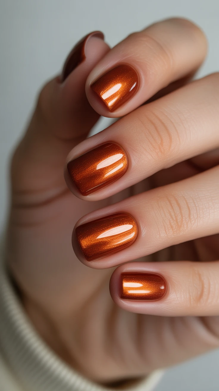 Rich copper chrome nails with glossy finish