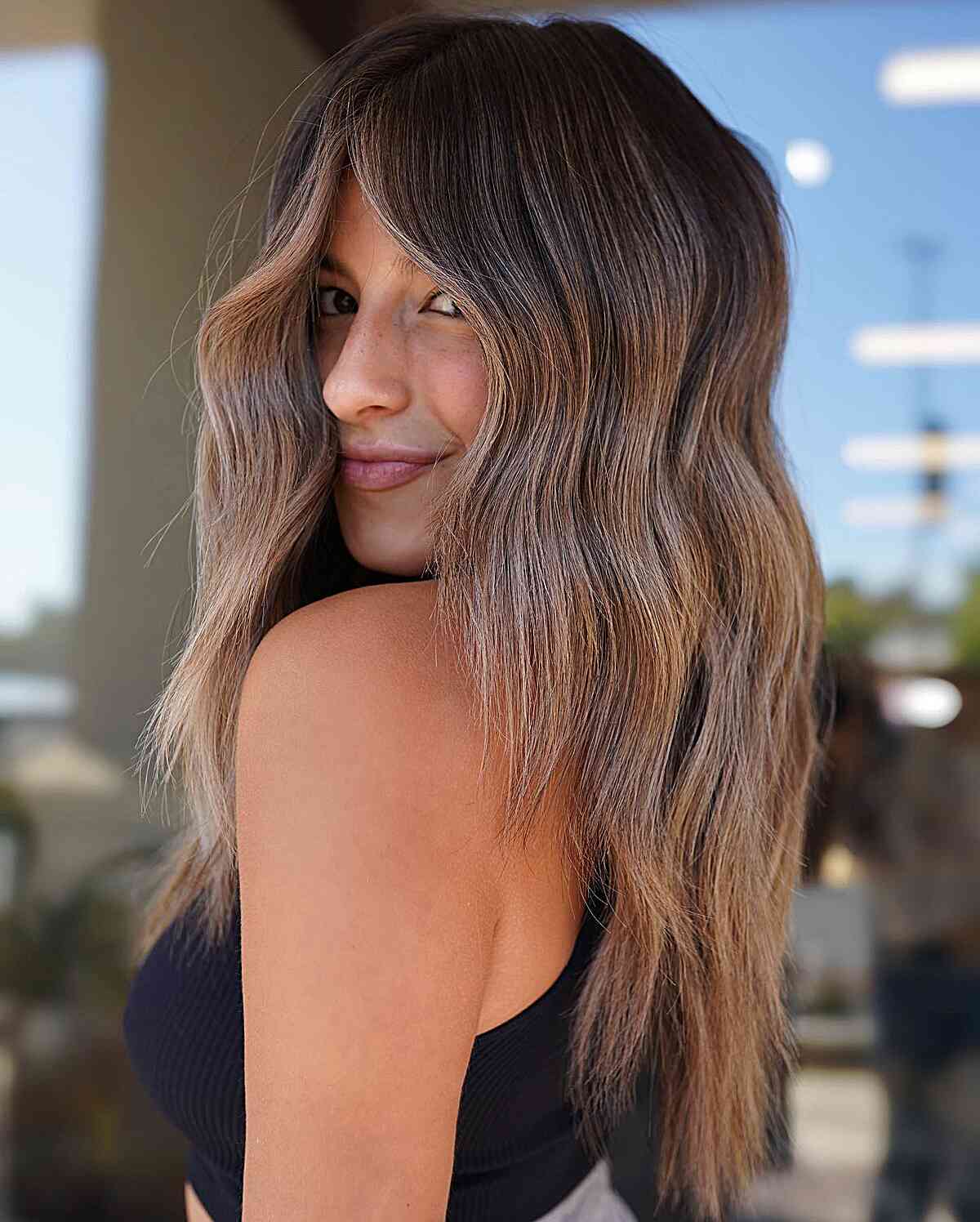 fall inspired hair color, brown hair with highlights and lowlights