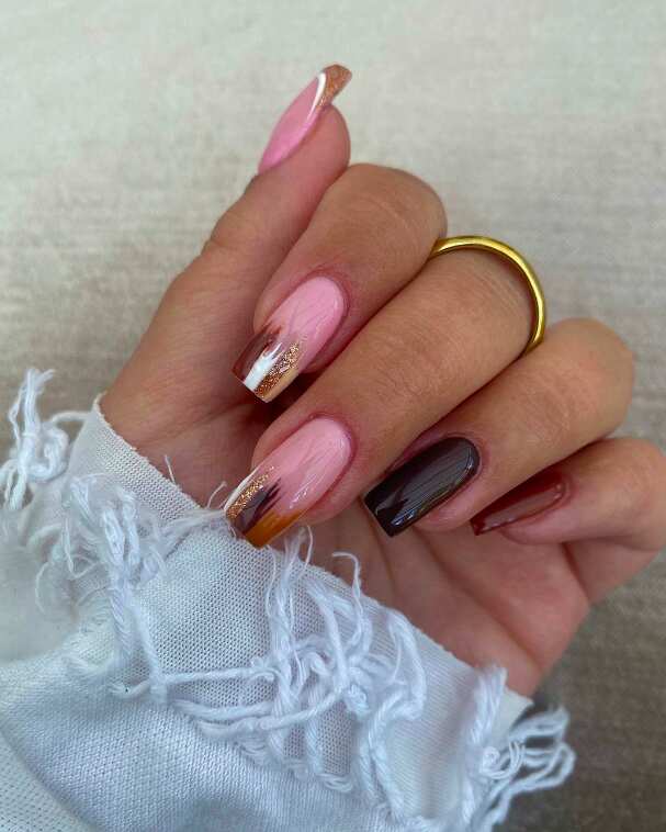 Fall nail ideas almond shape with fall blue nail colors and short brown nails ideas.