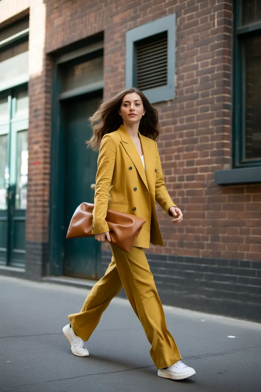 casual fall outfits with mustard suit
