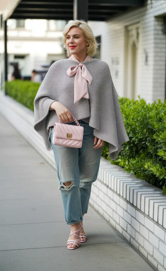 early fall work outfits with poncho and jeans
