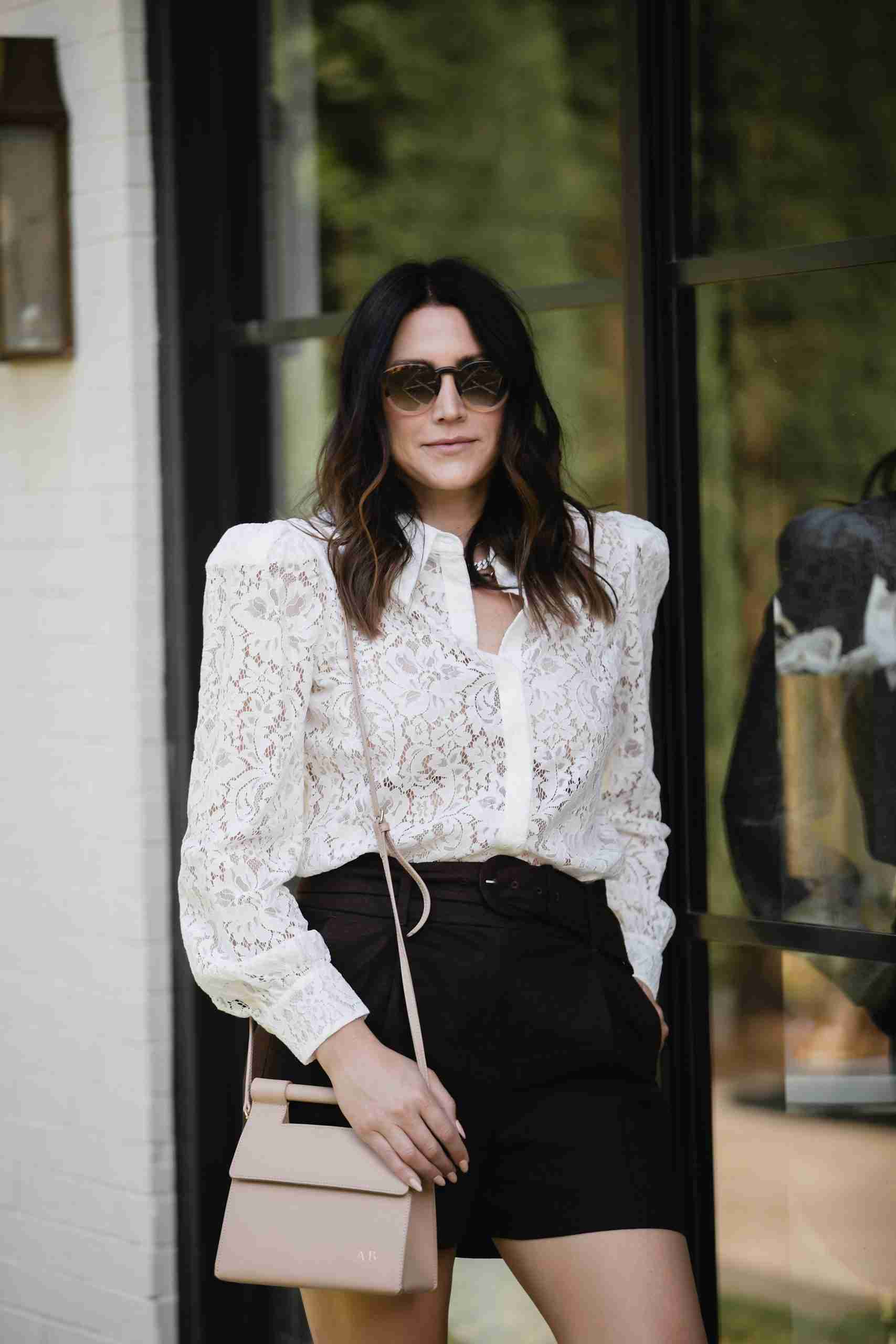 transitional summer to fall outfits with lace blouse