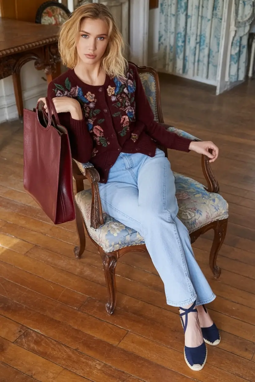 fall professional outfits women with embroidered cardigan