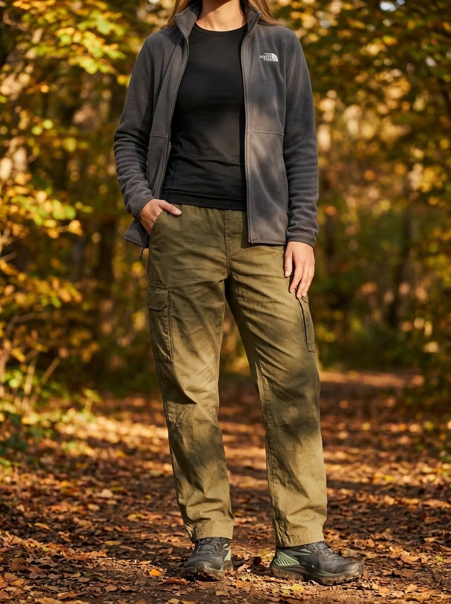 warm fall day outfit casual with fleece and cargo pants