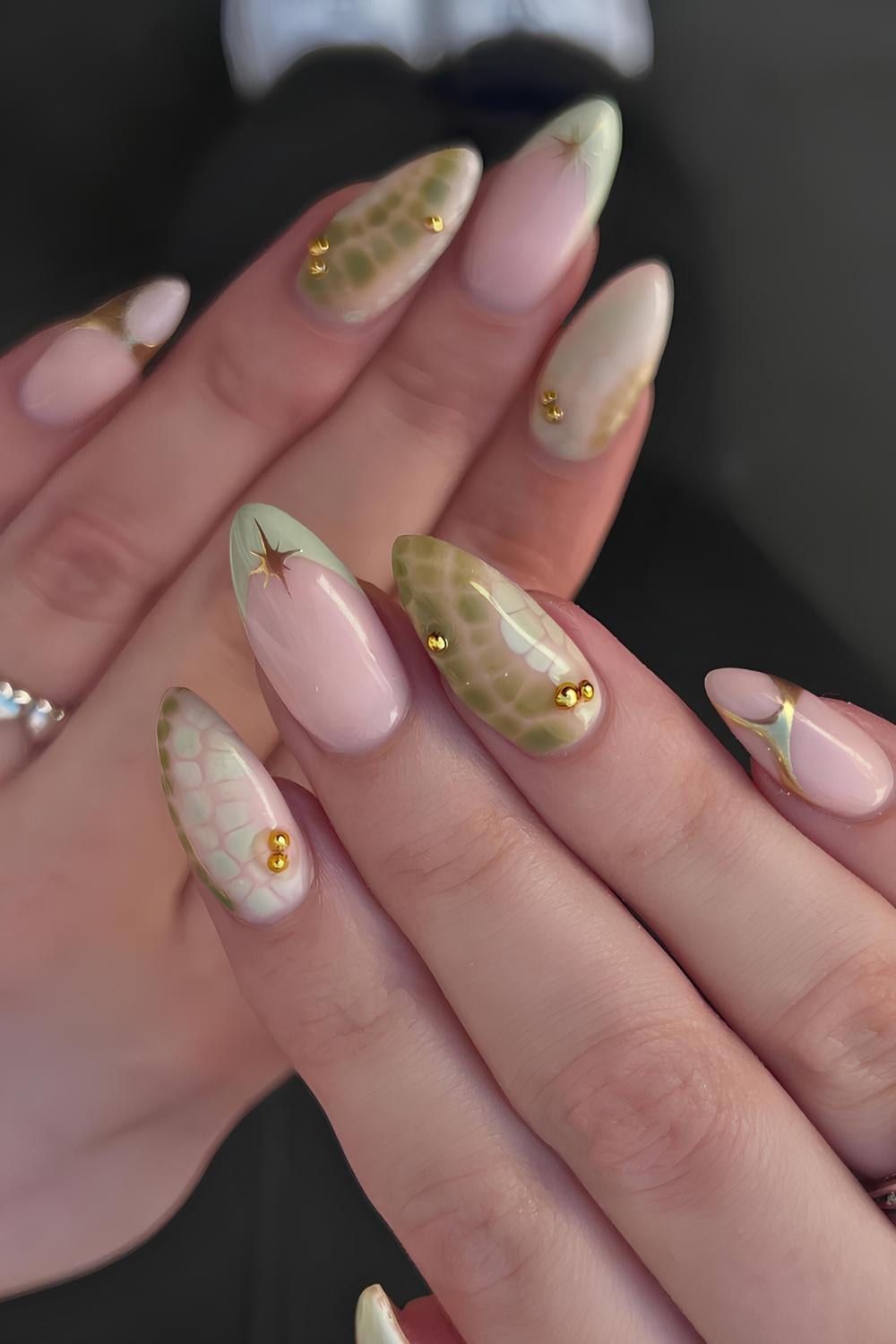 green french nails, green grunge nails, green floral nails, cute christmas nails, strawberry matcha nails, light, dark christmas, bright