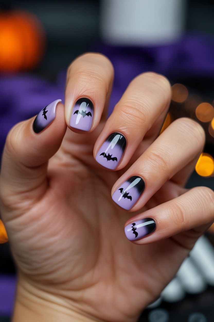 Short almond halloween nails with purple and black nail ideas, subtle look