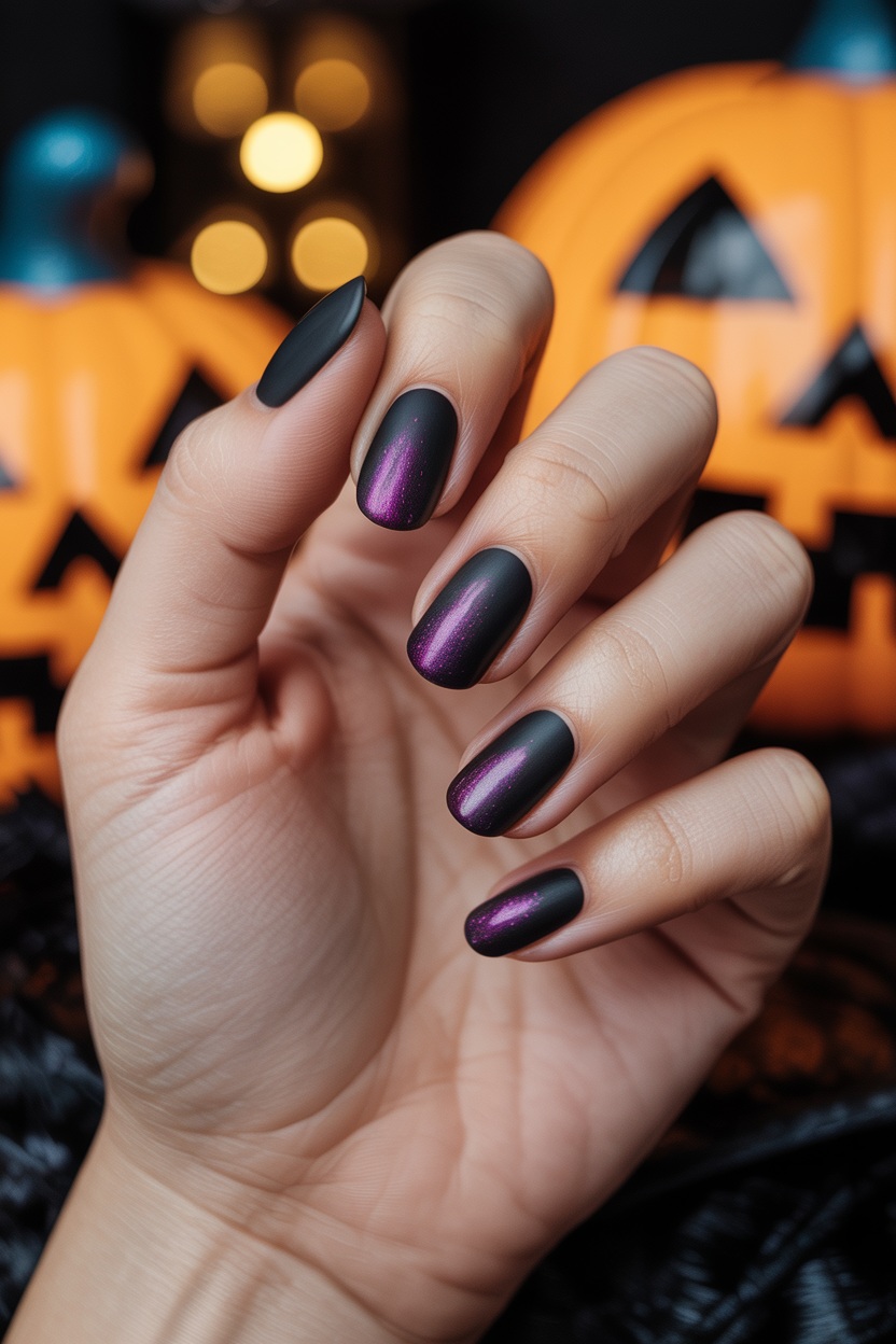 Pink halloween nails short with purple witch nails, easy design