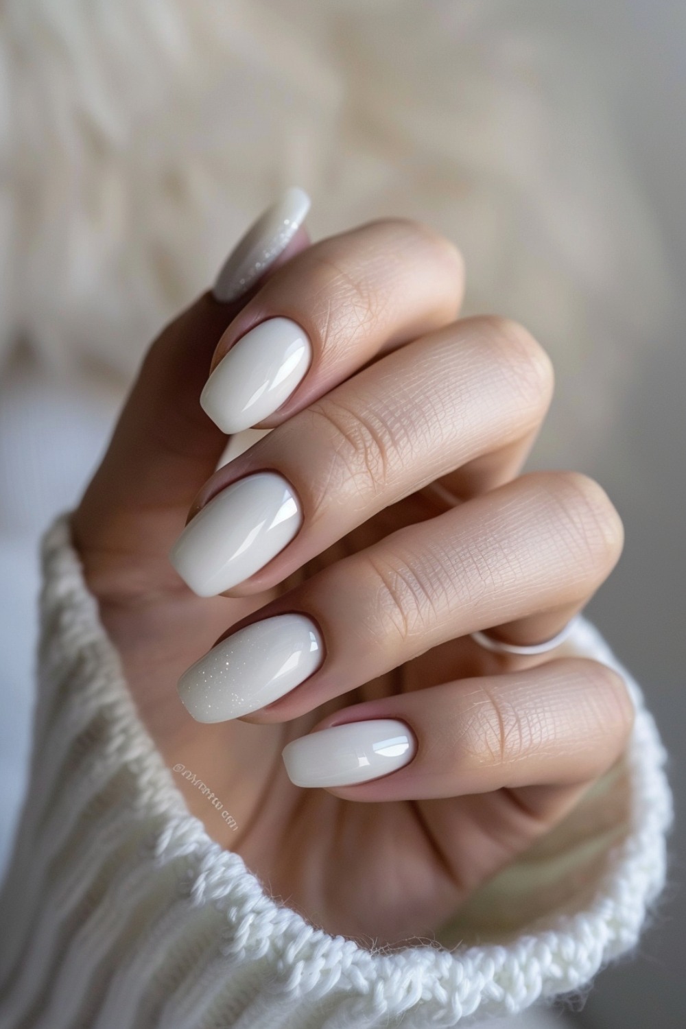 Milky white cat eye nails, simple milky white nails, funny bunny french nails, white christmas nail designs, base with