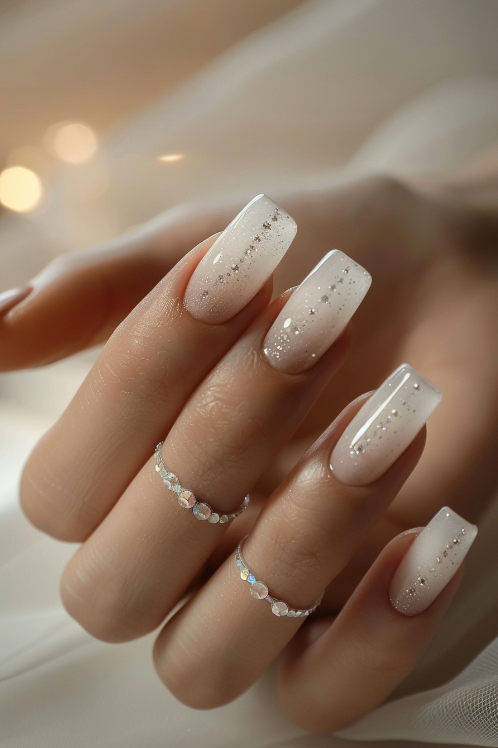 Milky white stiletto nails, milky white nails with heart, classy nails, white glitter christmas nails, oval