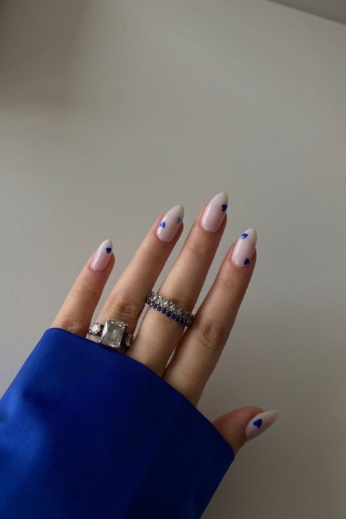 Milky white marble nails, short almond milky white nails, milky nails with french tip, french, with pearls