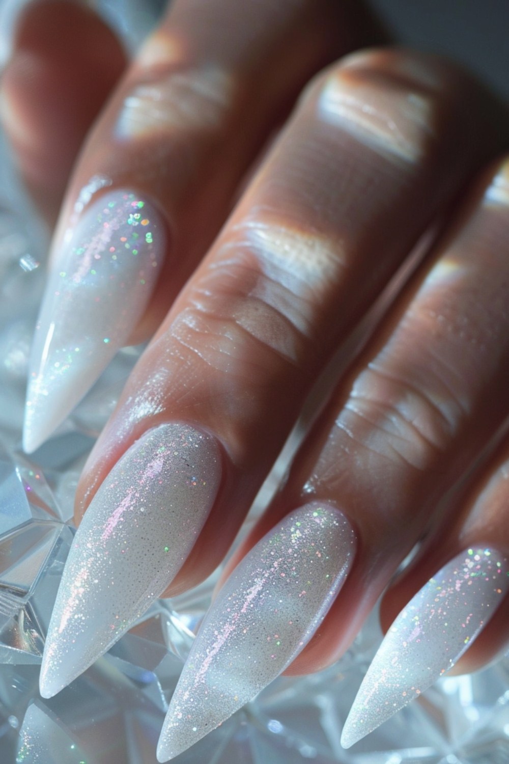 Milky white nails and blue nails, milky nail art, white cat eye french tip nails, square, with gems