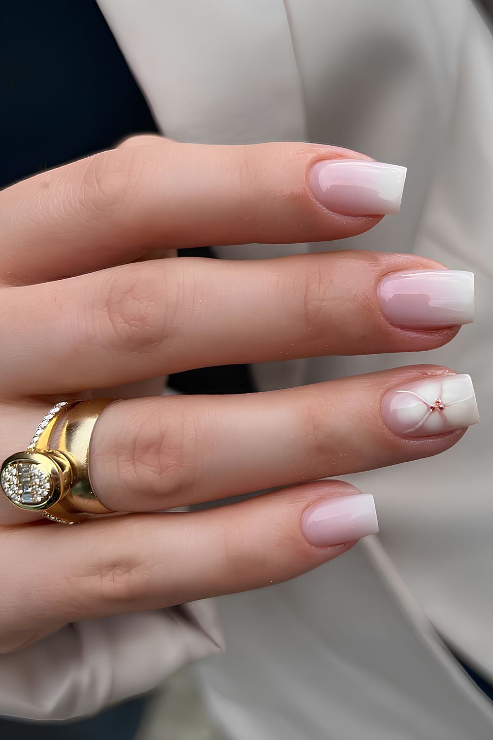 Milky white nails pedicure, milky french manicure, cateye white nails, gel, with bow