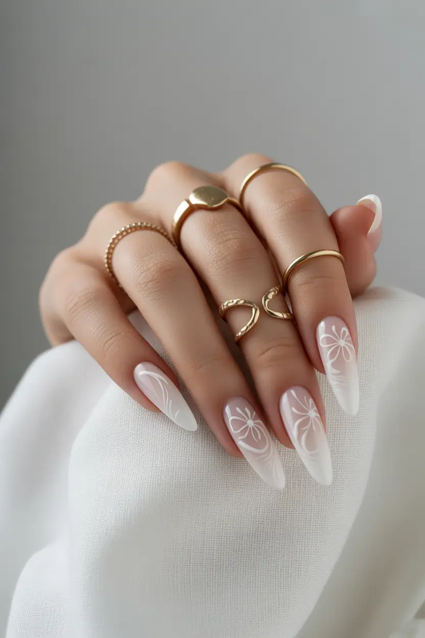 Milky white oval nails, milk white nails, cat eye wedding nails, glitter, almond with