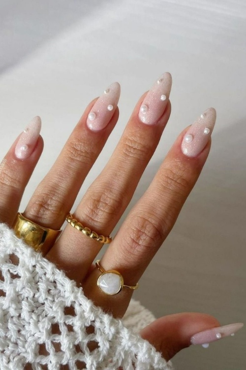 Milky white sparkly nails, short square nails, milk white nails short, with flowers, with french