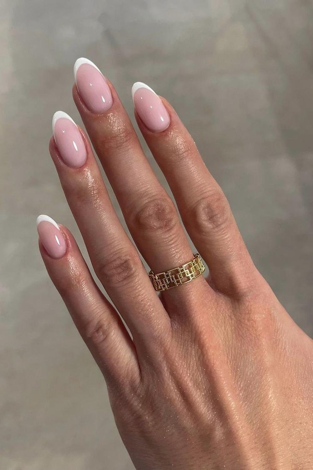 Nude nails with design for black women dark skin in neutral acrylic ombre color with peachy French.