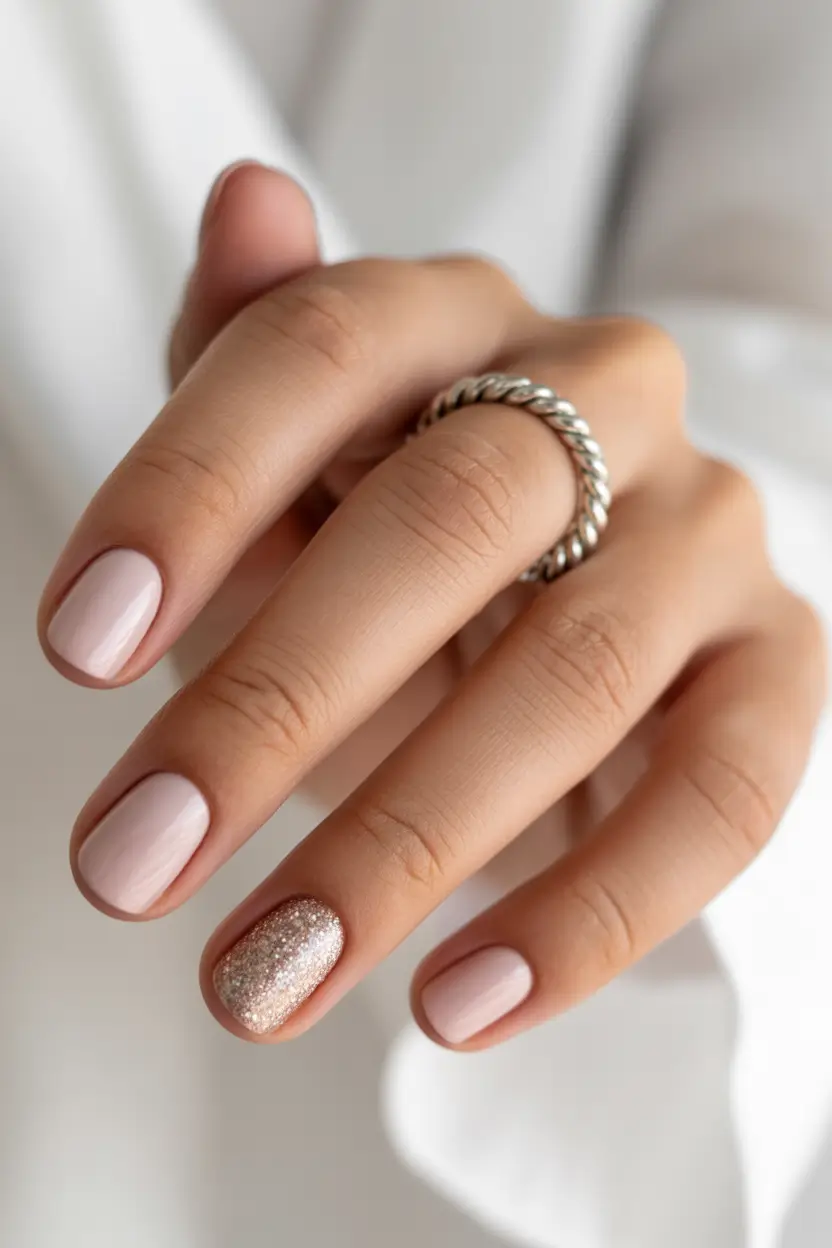Nails nude color in short coffin shape with pretty nude ideas for birthday in natural tone.