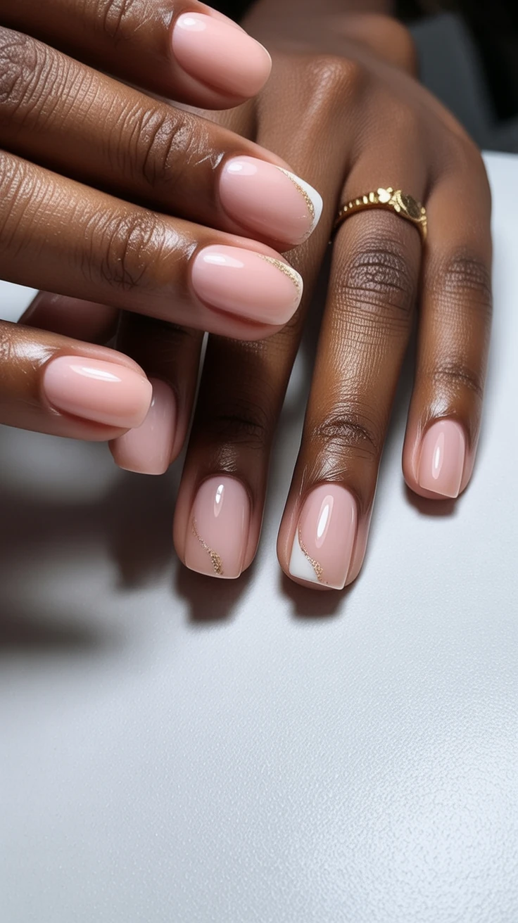 Nude nails with glitter in jelly finish, neutral nails with chrome for easy nail designs with aura effects.