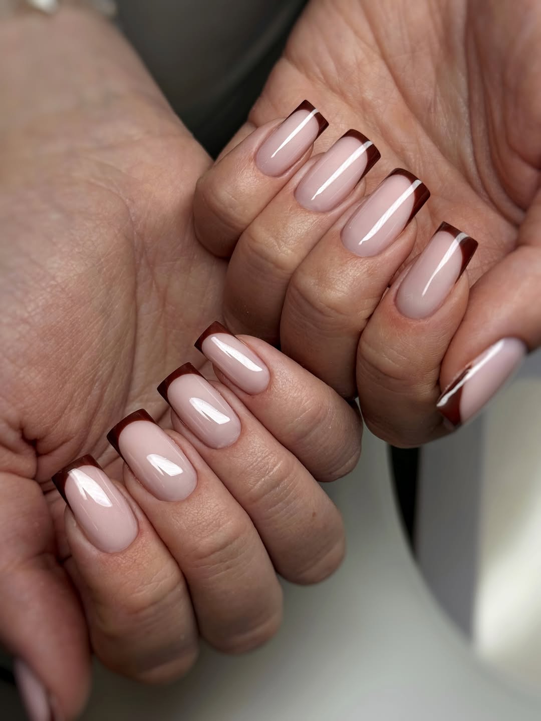 Fall nude nails with nude ombre almond design and acrylic sheer finish.